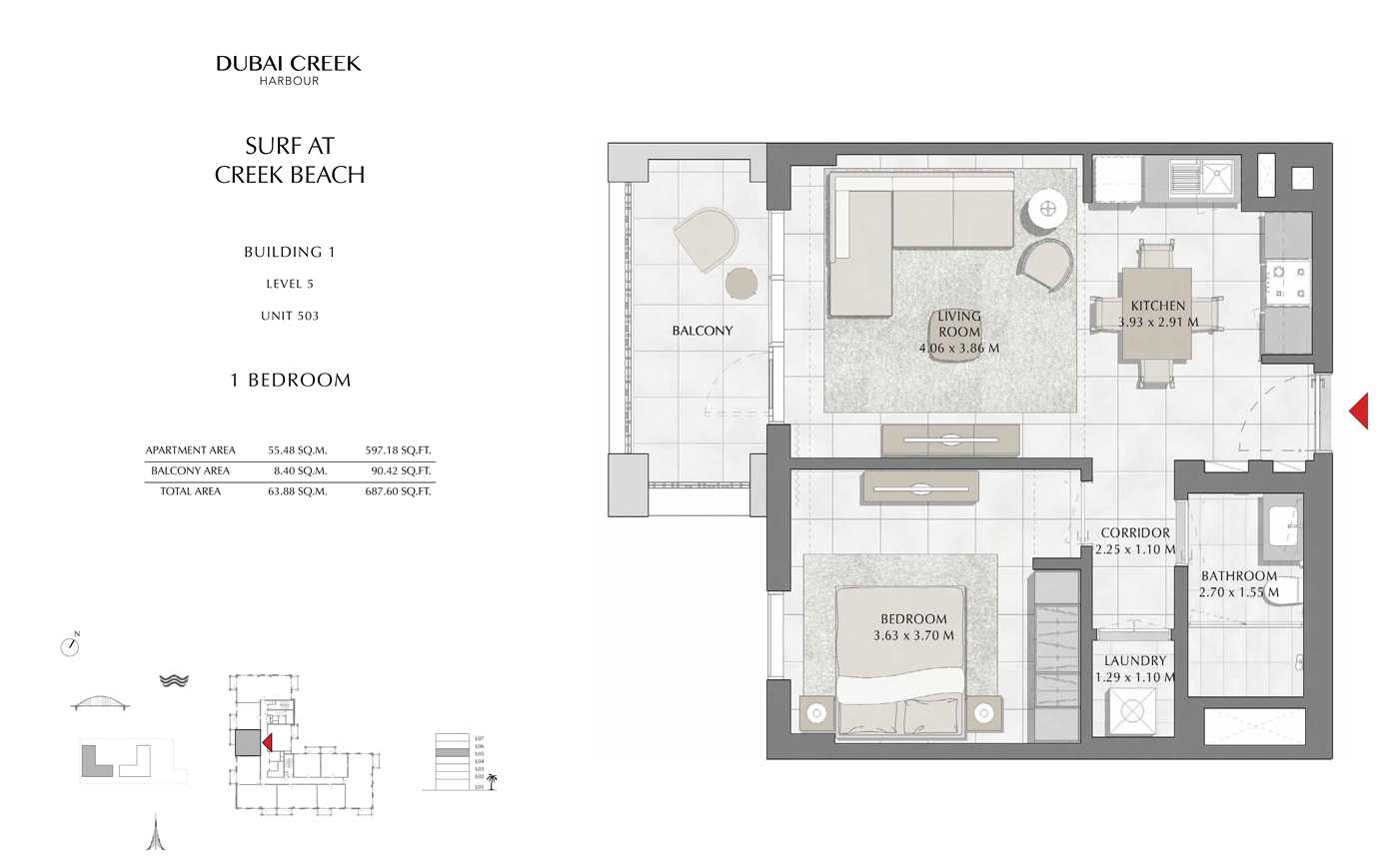 Building 1, 1 Bedroom, Level 5, Size 687 Sq Ft